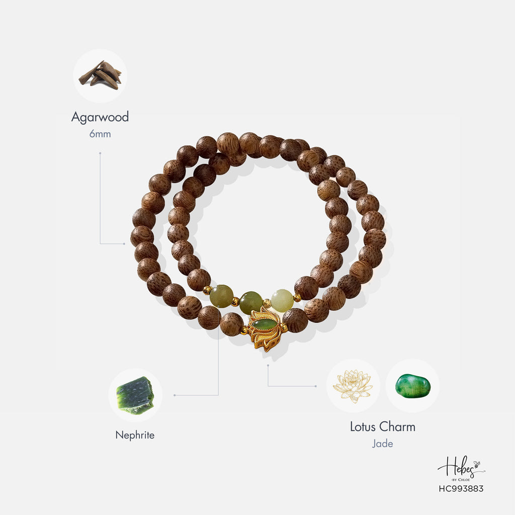 Vietnamese Double-Wrap Agarwood Bracelet with Nephrite and Lotus Charm 993883