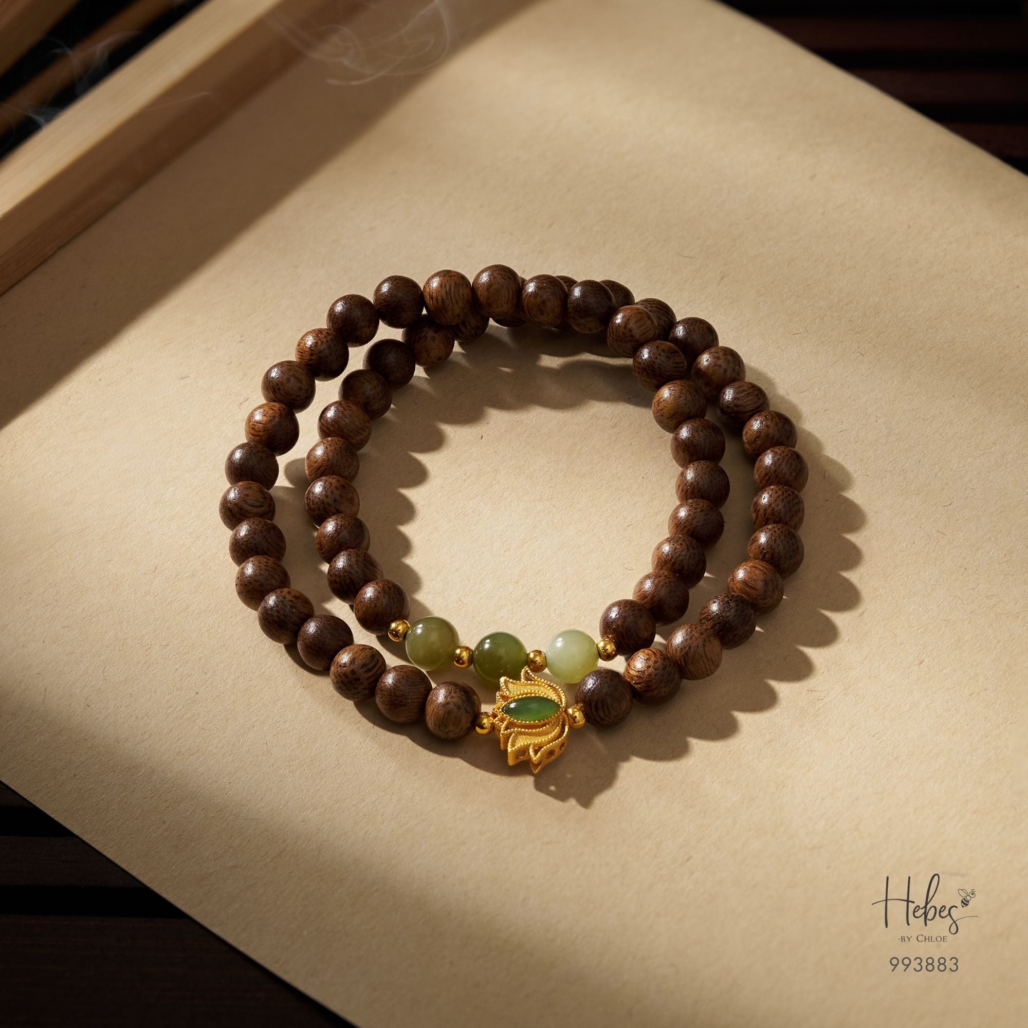 Vietnamese Double-Wrap Agarwood Bracelet with Nephrite and Lotus Charm 993883