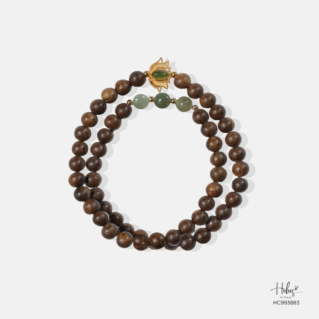 Vietnamese Double-Wrap Agarwood Bracelet with Nephrite and Lotus Charm 993883