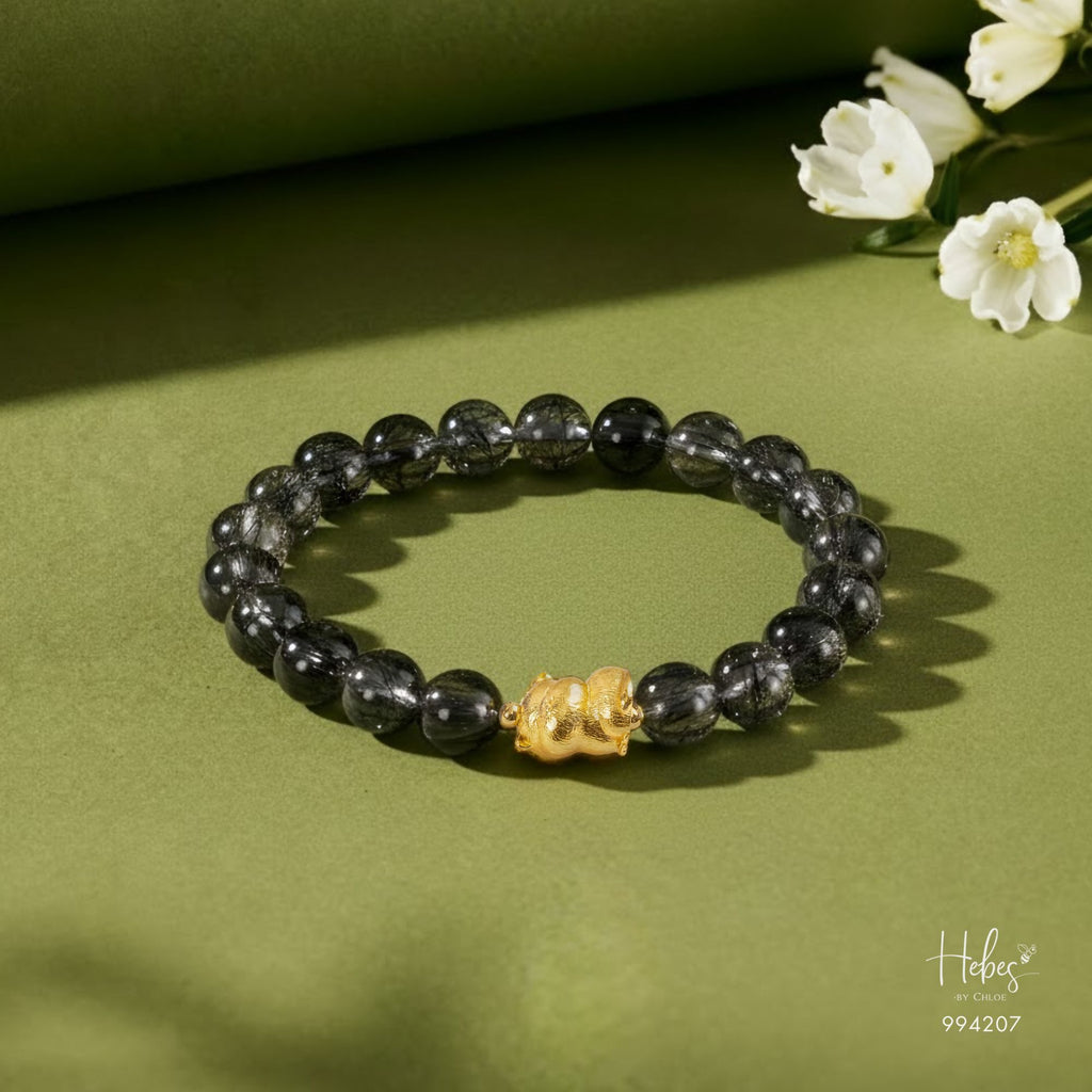 Glimmer Black Rutilated Quartz Gold Cat Bracelet 994207