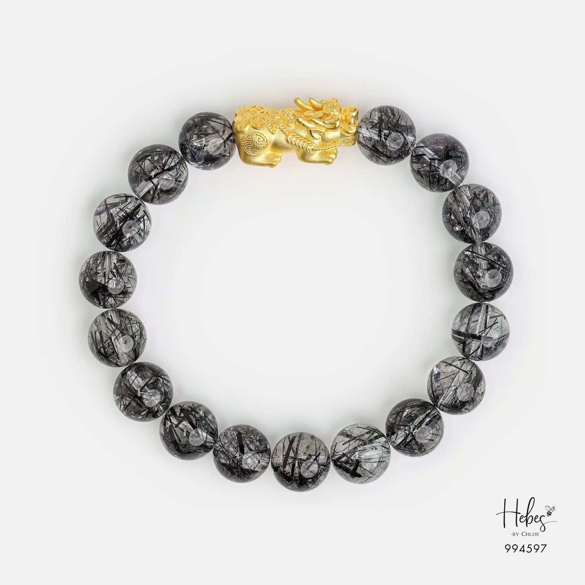 Gold Vermeil Pixiu Black Rutilated Quartz Healing Bracelet (8mm) 994597