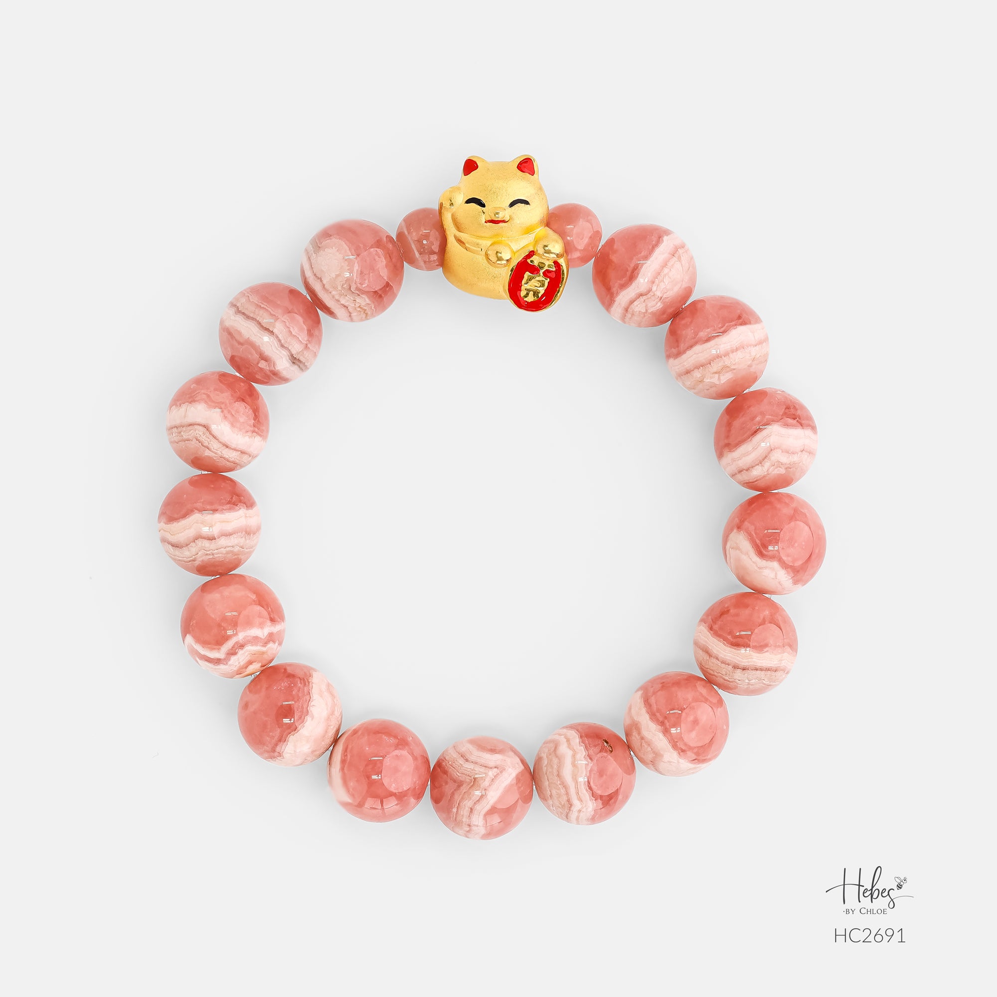 24K Gold Lucky Cat Rhodochrosite Bracelet (8mm) 992691
