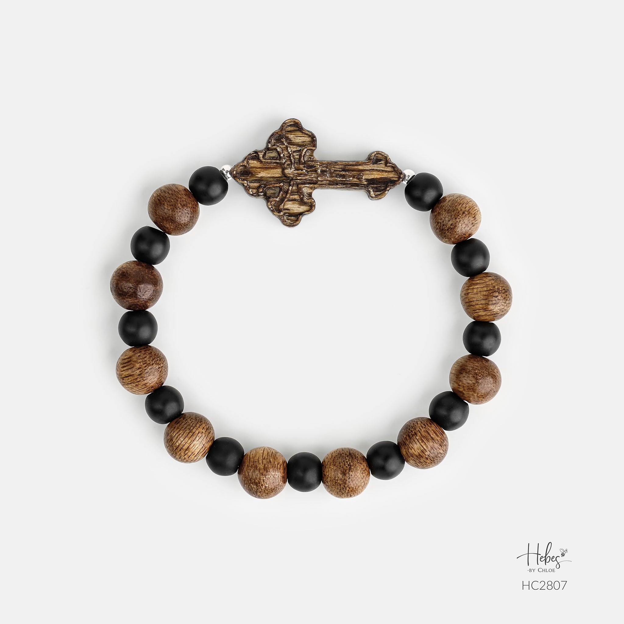 Vietnamese Agarwood Black Onyx Cross Charm Bracelet HC2807