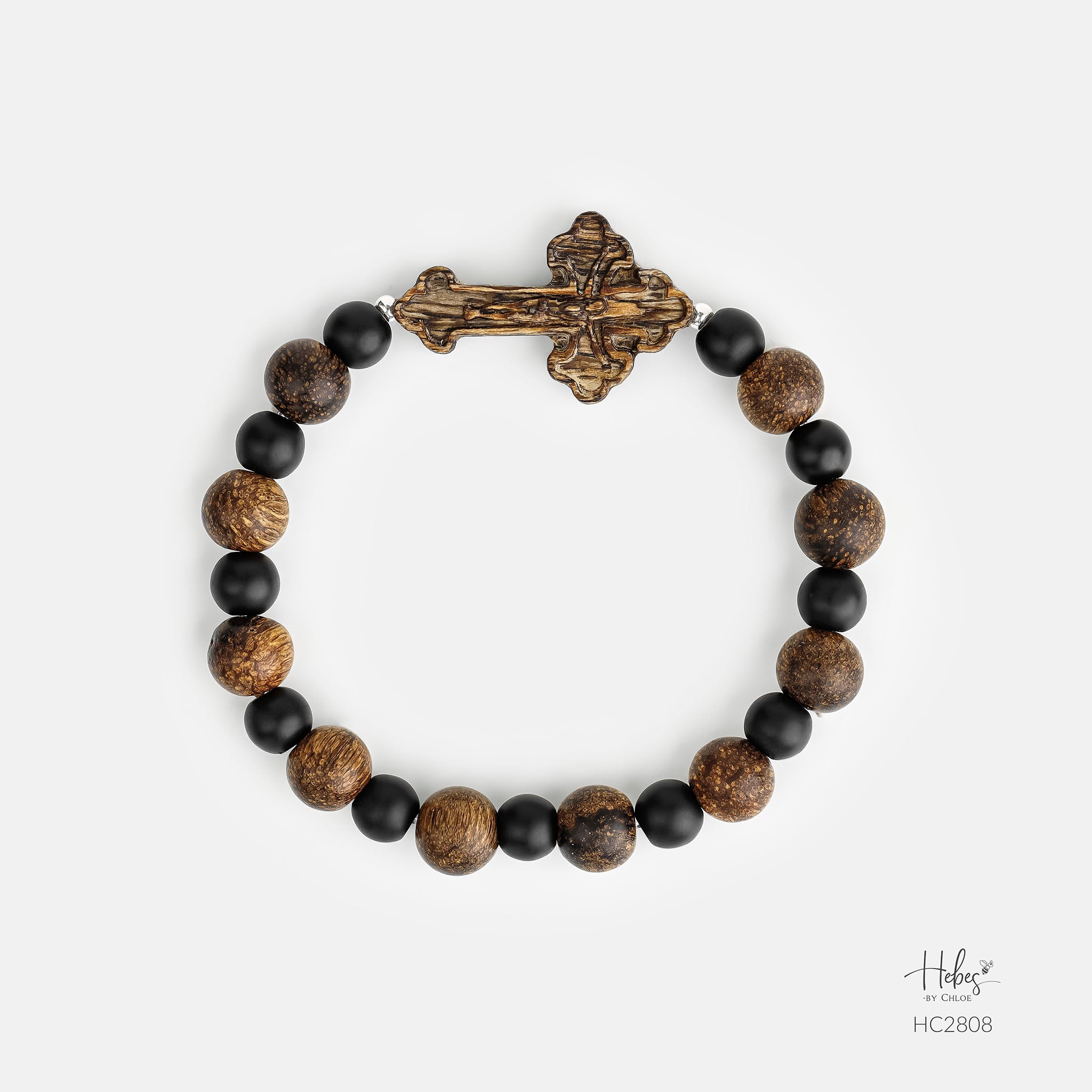 Indonesian Agarwood Black Onyx Cross Charm Bracelet HC2808