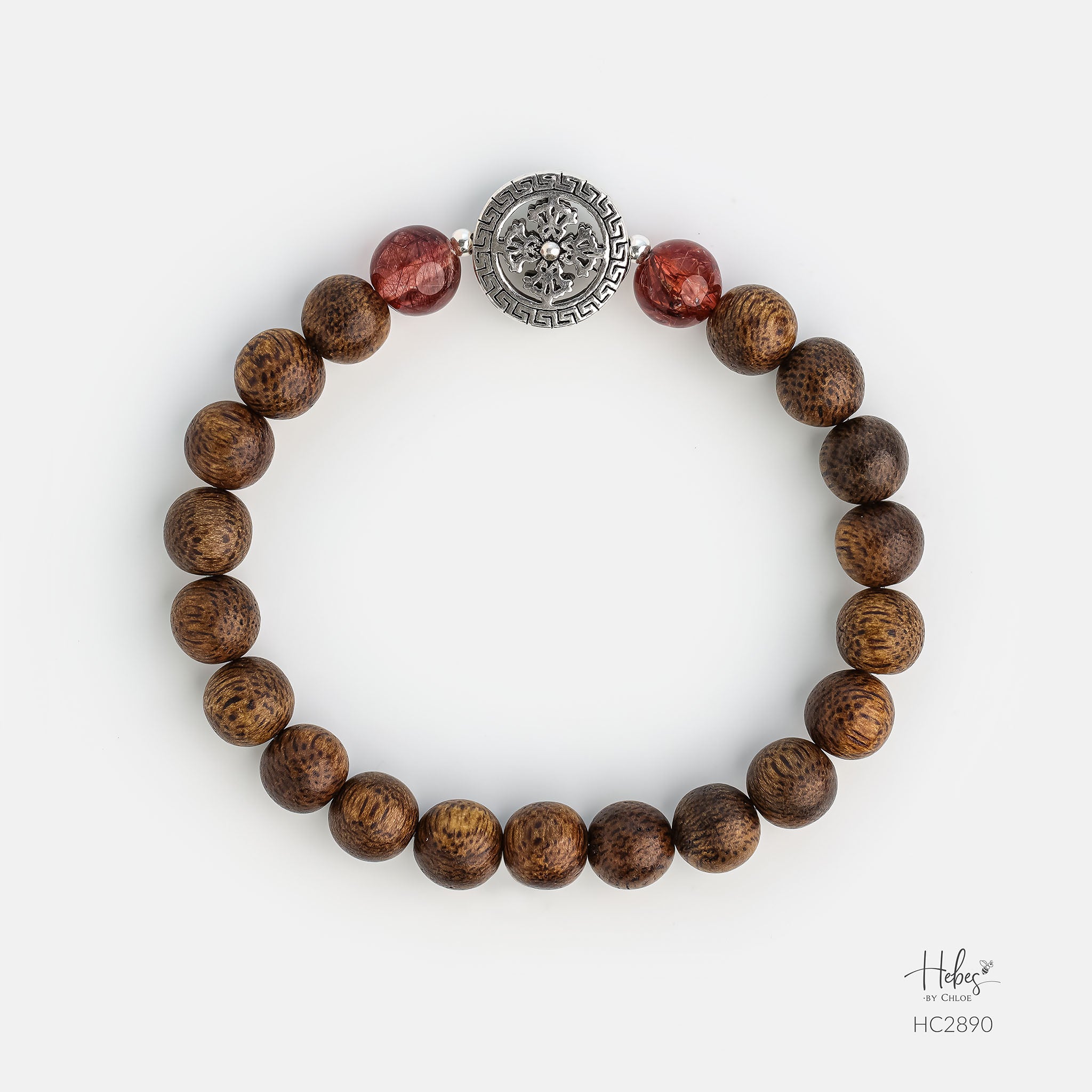 Vietnamese Agarwood Red Rutilated Quartz Flower Charm Bracelet HC2890