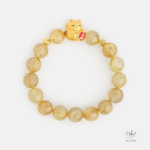 24K Gold Lucky Cat Yellow Rutilated Quartz Bracelet (9mm) 992901