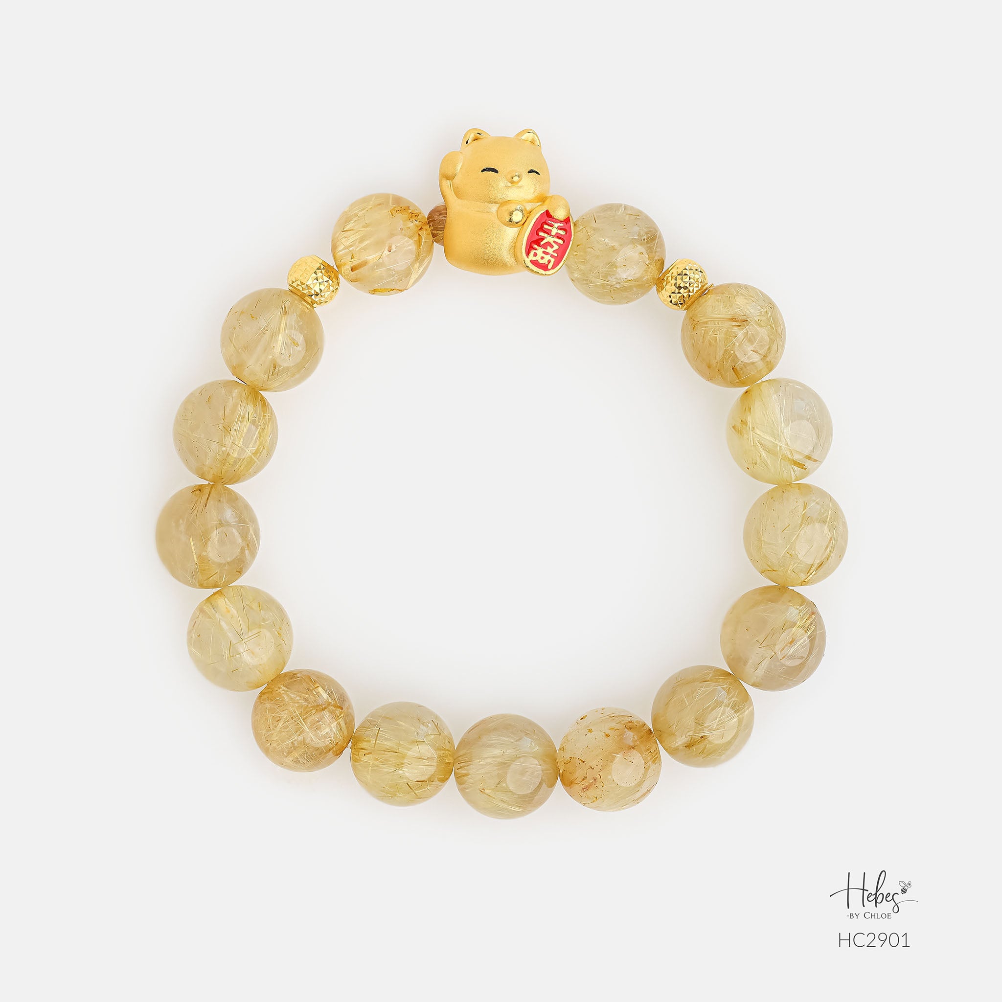 24K Gold Lucky Cat Yellow Rutilated Quartz Bracelet (9mm) 992901