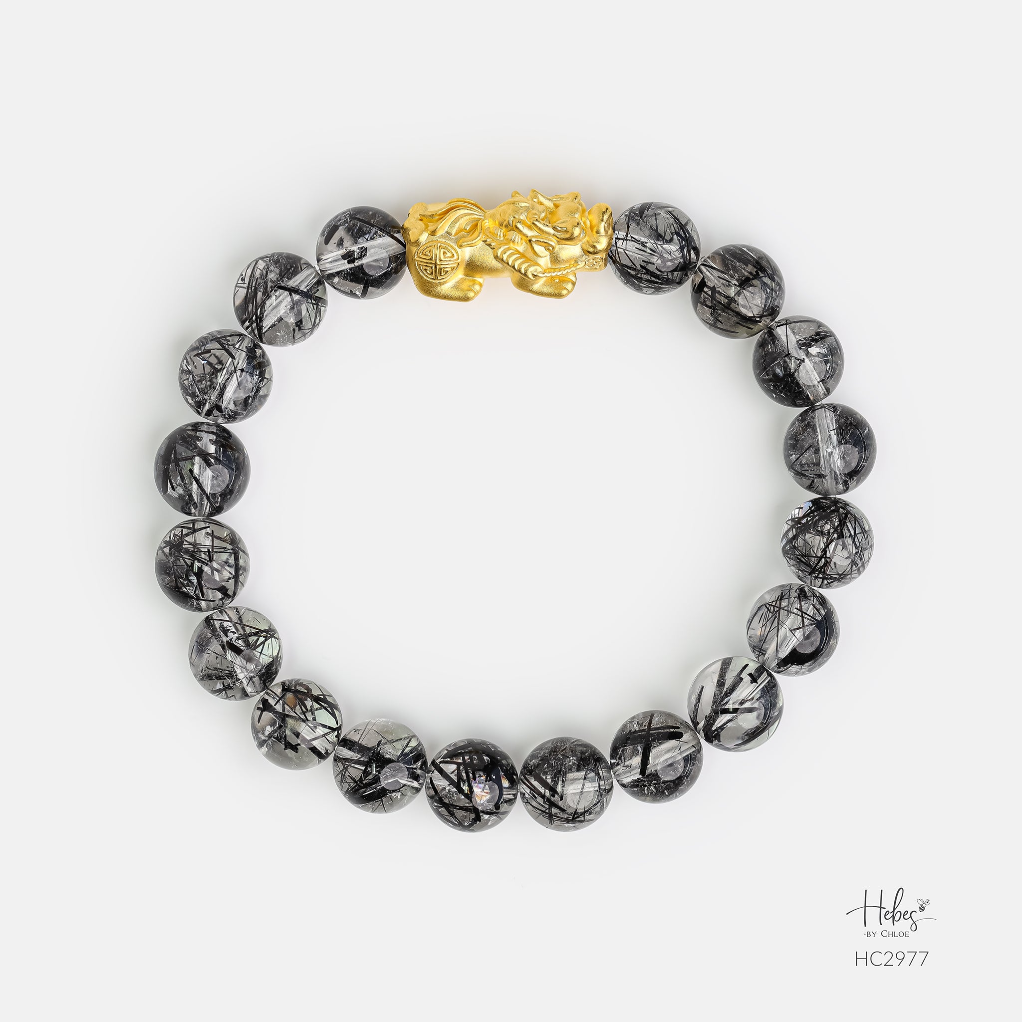 Abundant Blessing 24K Gold Pixiu Black Rutilated Quartz Healing Bracelet HC2977