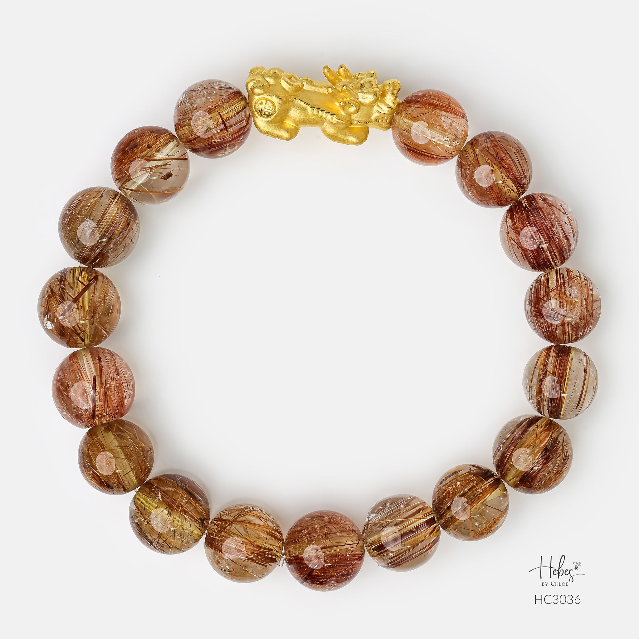 24K Gold Pixiu Brown Rutilated Quartz Bracelet (10mm) 993036