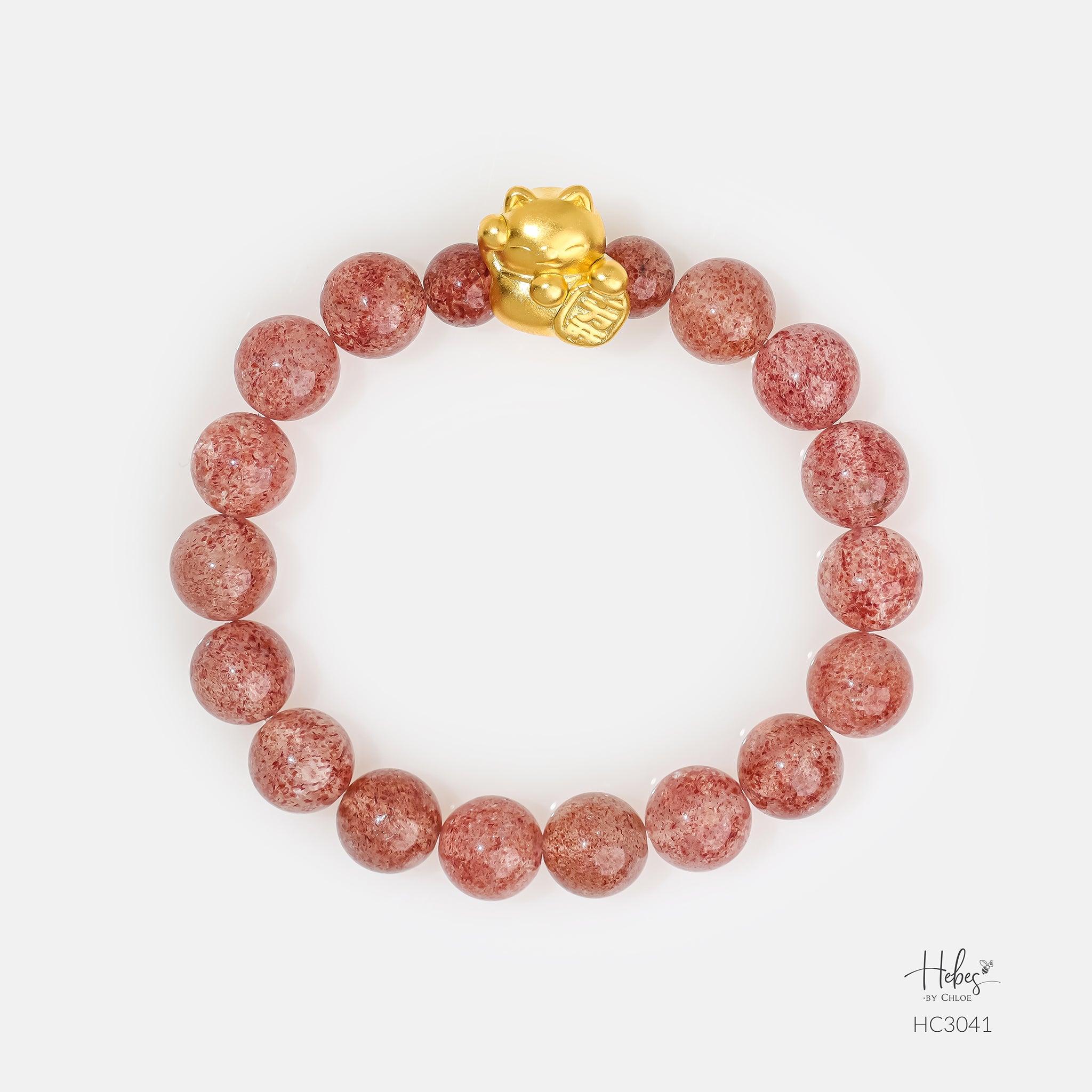 Gold Vermeil Lucky Cat Strawberry Quartz Bracelet (9mm) 993041