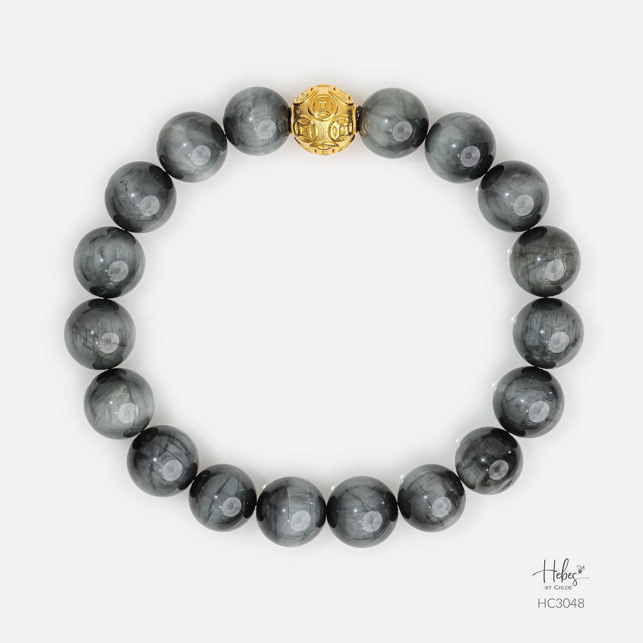 Gold Vermeil Money Ball Grey Tiger Eye Bracelet (12mm)