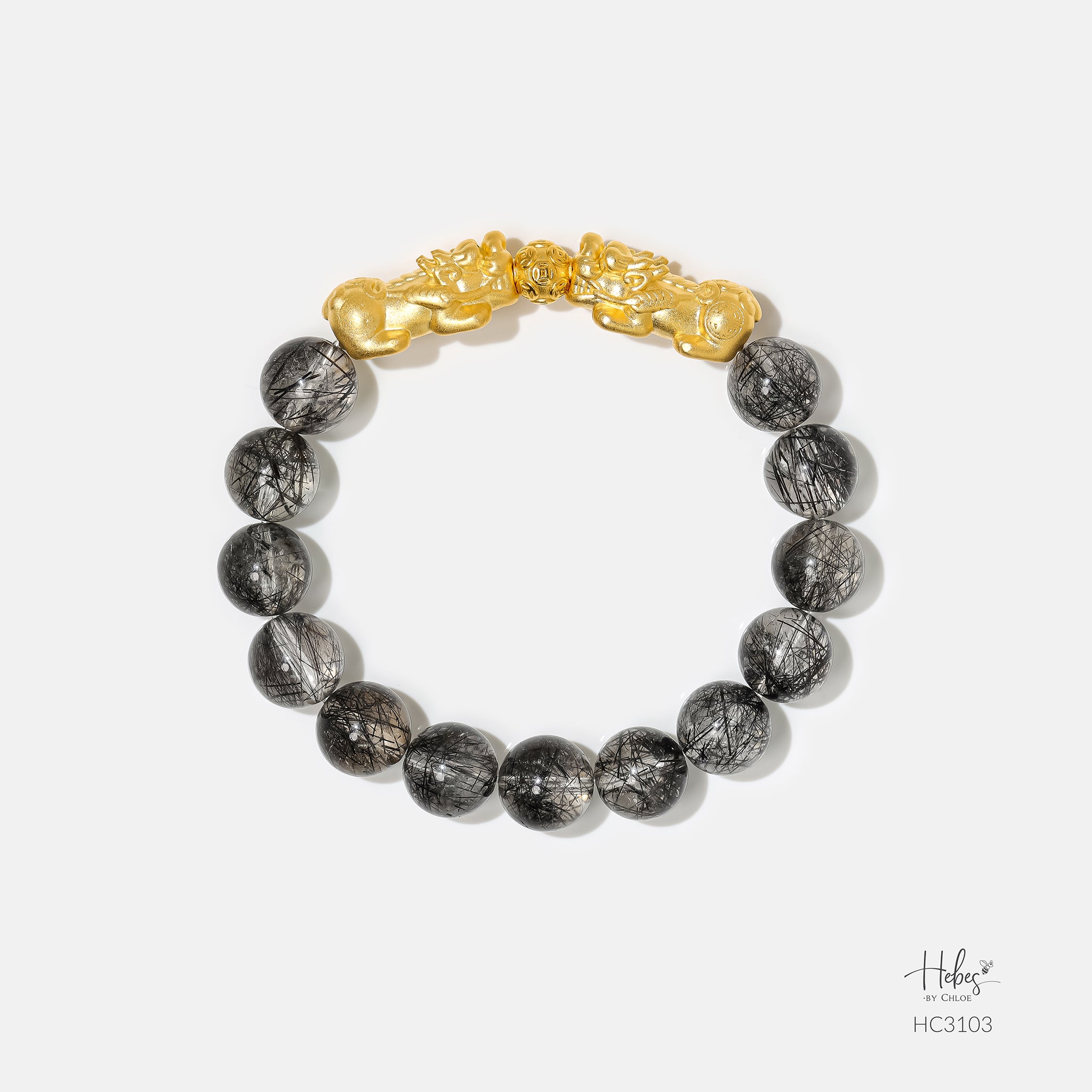 Gold Vermeil Pixiu Black Rutilated Quartz Bracelet (8mm) 993103