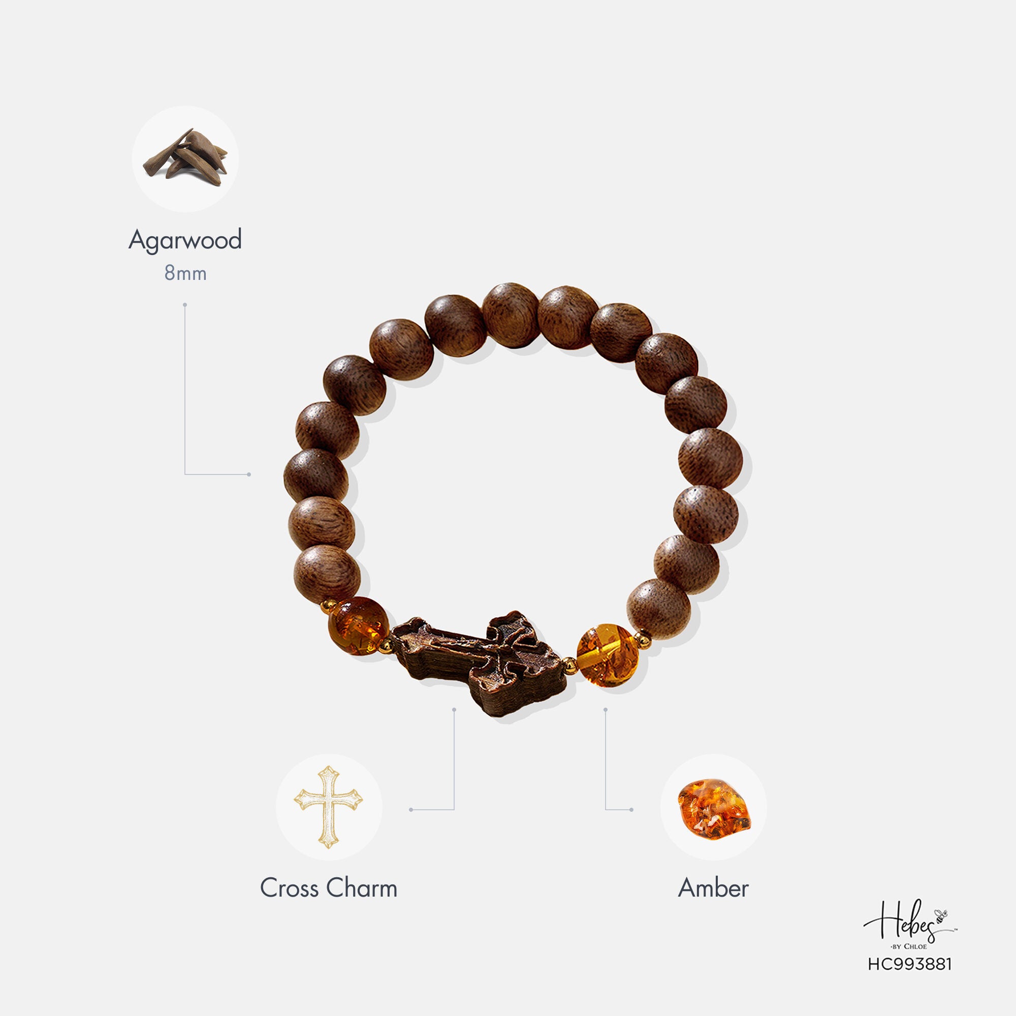 Vietnamese Agarwood Amber with Cross Charm Bracelet (8mm) 993881