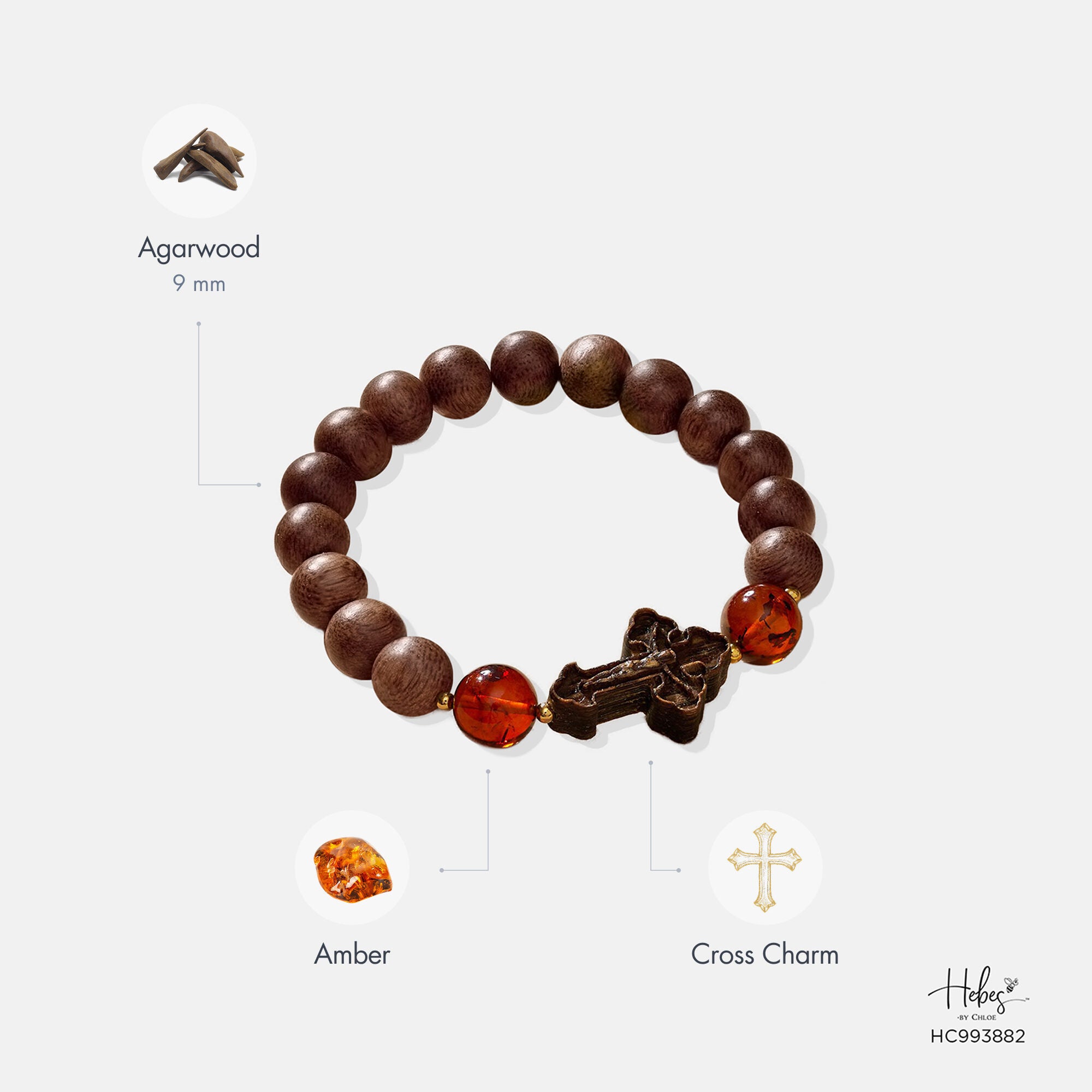 Vietnamese Agarwood Amber with Cross Charm Bracelet (10mm) 993882
