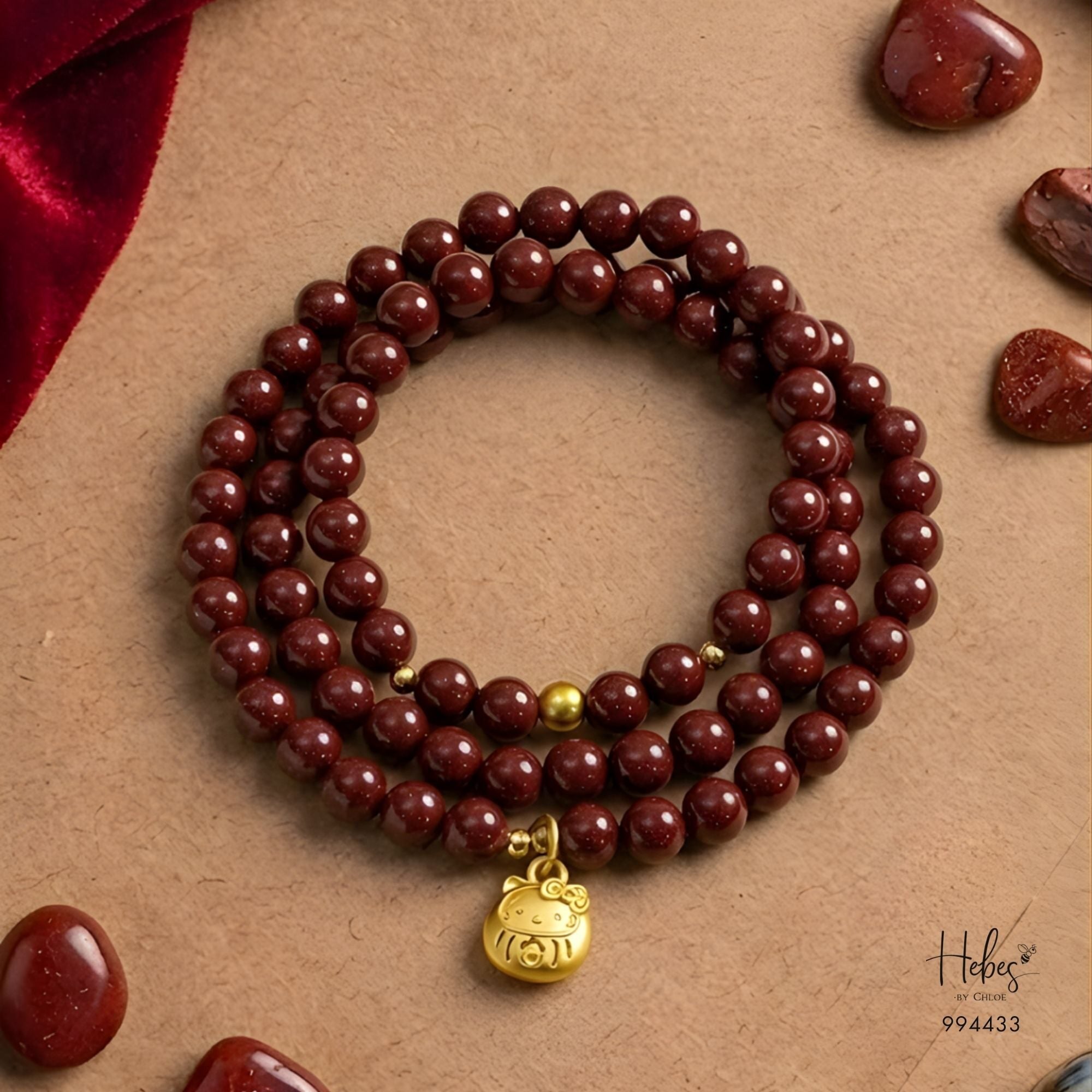 Cinnabar 108 Bead Lucky Cat Fortune Bracelet 994433