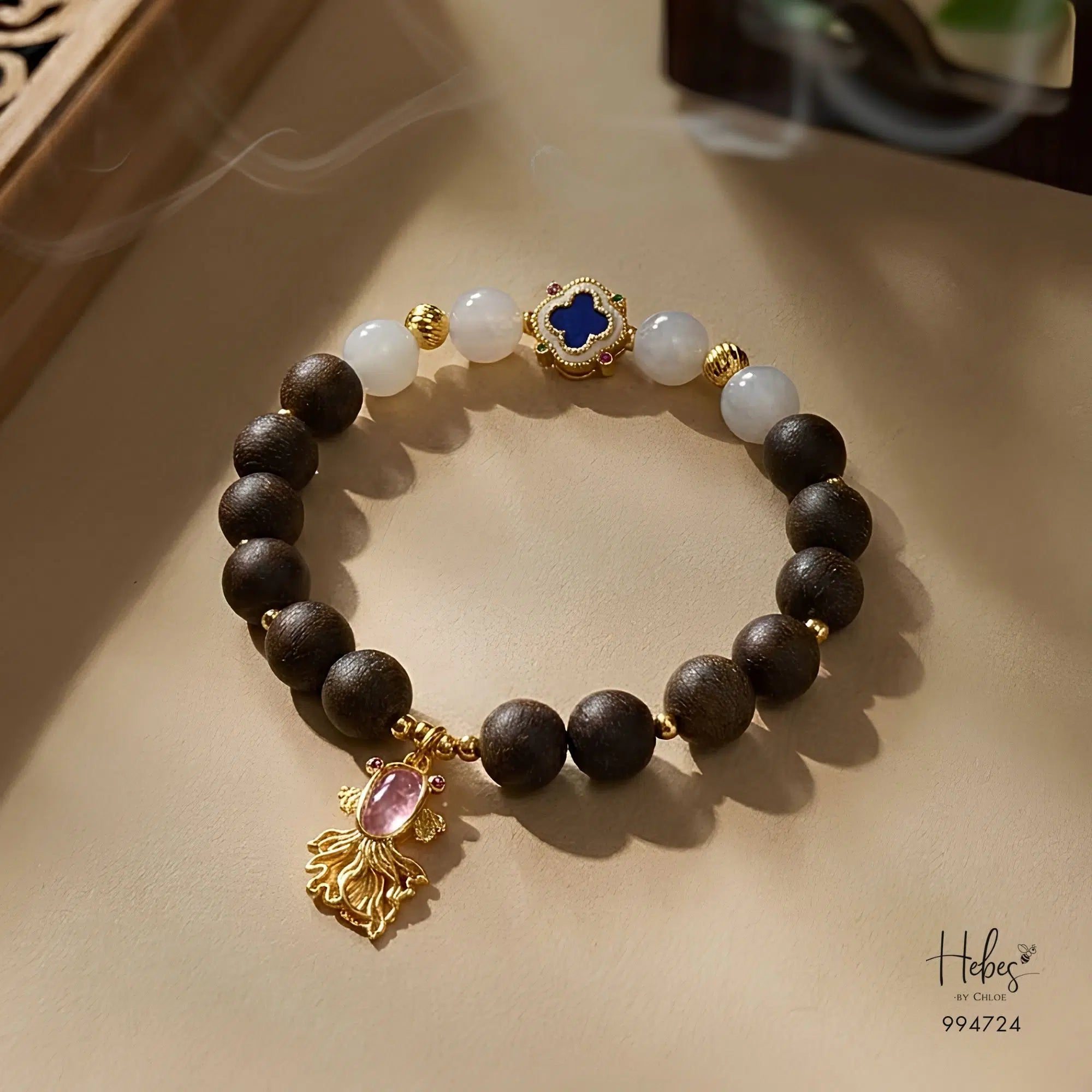 Vietnamese Agarwood &amp; Lavender Jade Lucky Fish Bracelet 994724